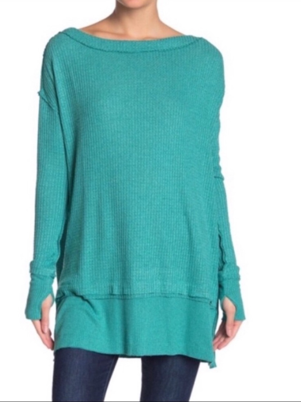 Free People Teal Off-the-Shoulder Waffle Knit Top With Thumb Holes